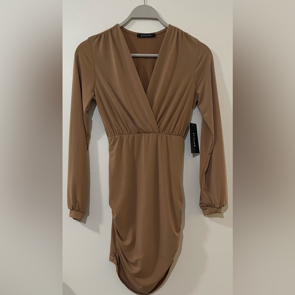 STYLIVE Mocha Long Sleeved, V- Neck Knit Dress
